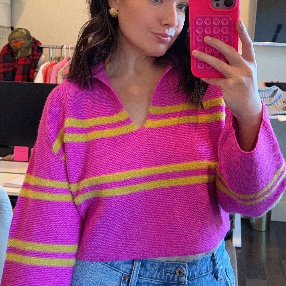 BUTTERMELON Hot pink $ Lime Striped Women's Cropped Sweater